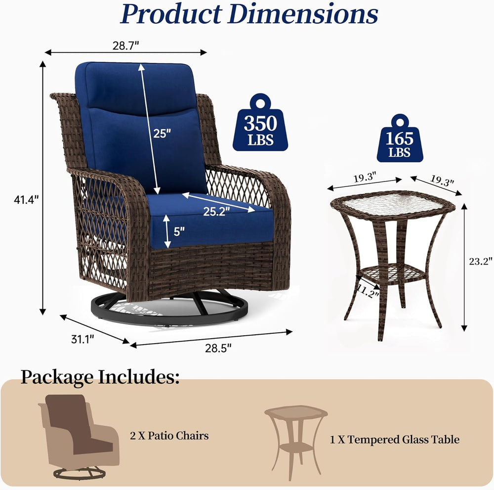 PIZZELLO Outdoor Swivel Rocker Chairs 3 Pieces Wicker Swivel Patio Chair with...