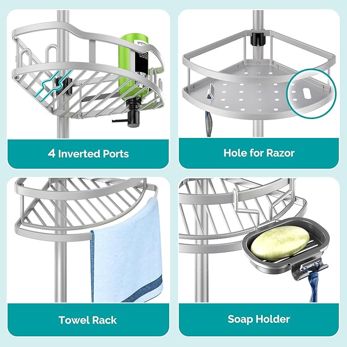 HAMITOR Corner Shower Caddy Tension Pole: Rustproof 4-Tier Bathroom Organizer
