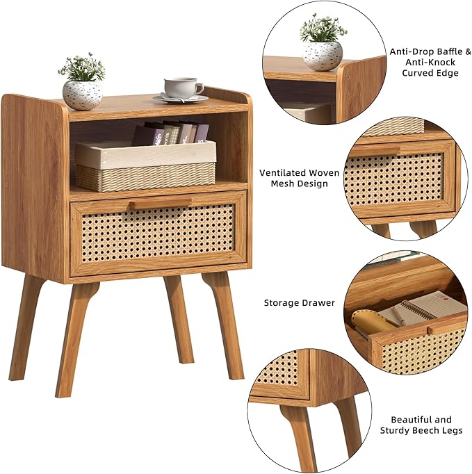 Lerliuo Rattan Nightstands Set of 2, Side Table with Drawer, Cane Accent Beds...