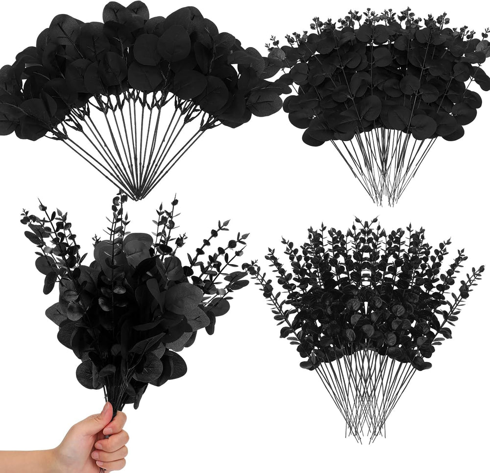 Giegxin 90 Pcs Mixed Artificial Eucalyptus Leaves Stems Bulk Black