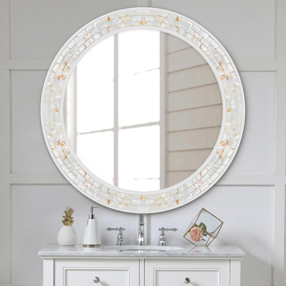 Tanmicoshomy 36 Inch Large Round Mirror, Natural Shell Circle Wall Decor