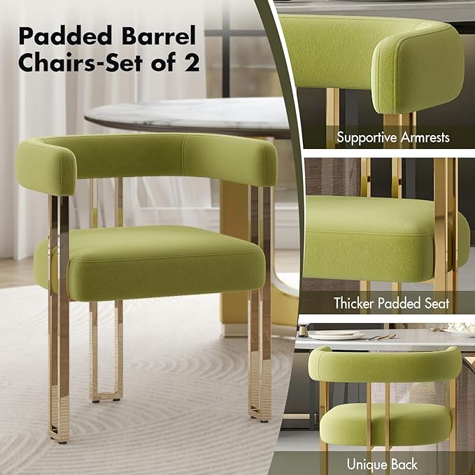 Green and Gold Modern Dining Chairs Set of 2, Velvet Upholstered Barrel Armch...