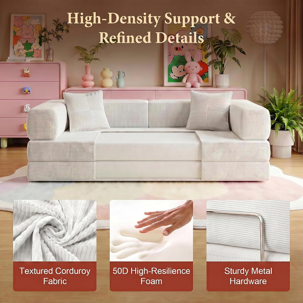 Convertible Futon Sofa Bed | 78.8” Corduroy Boneless Couch with Pull Out Sofa...