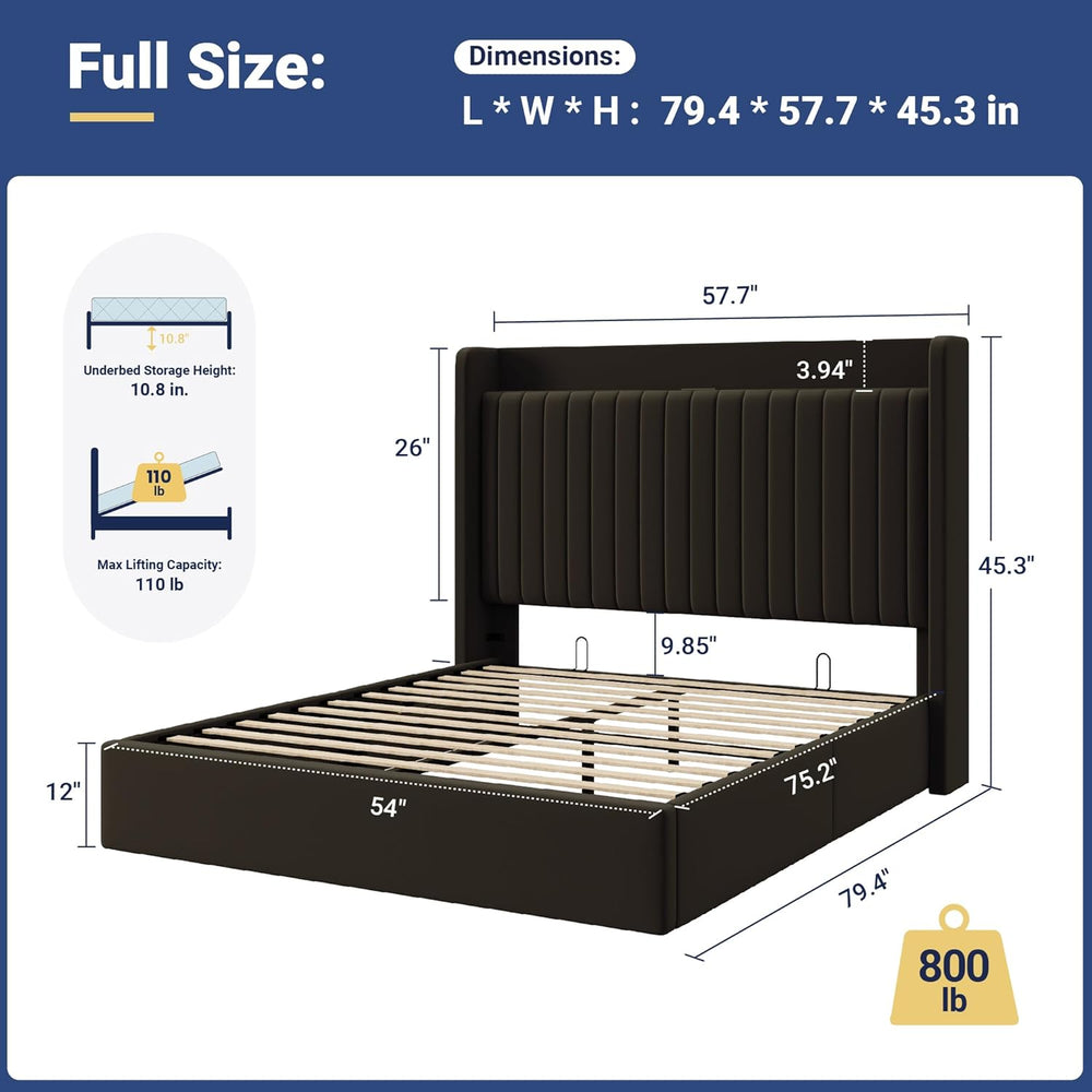 Allewie Full Lift Up Storage Hydraulic Bed Frame,Charging Station,Black