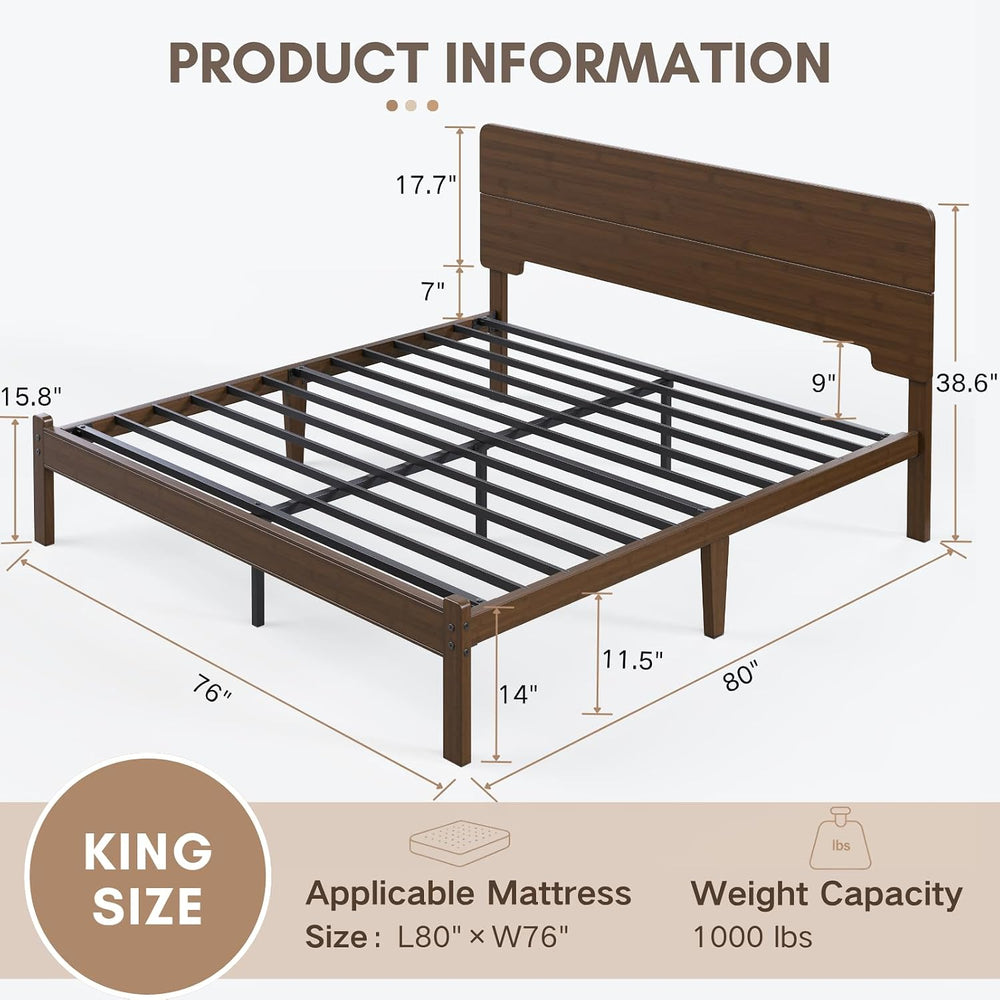 14" Solid Bamboo Wood King Size Platform Bed Frame with Headboard