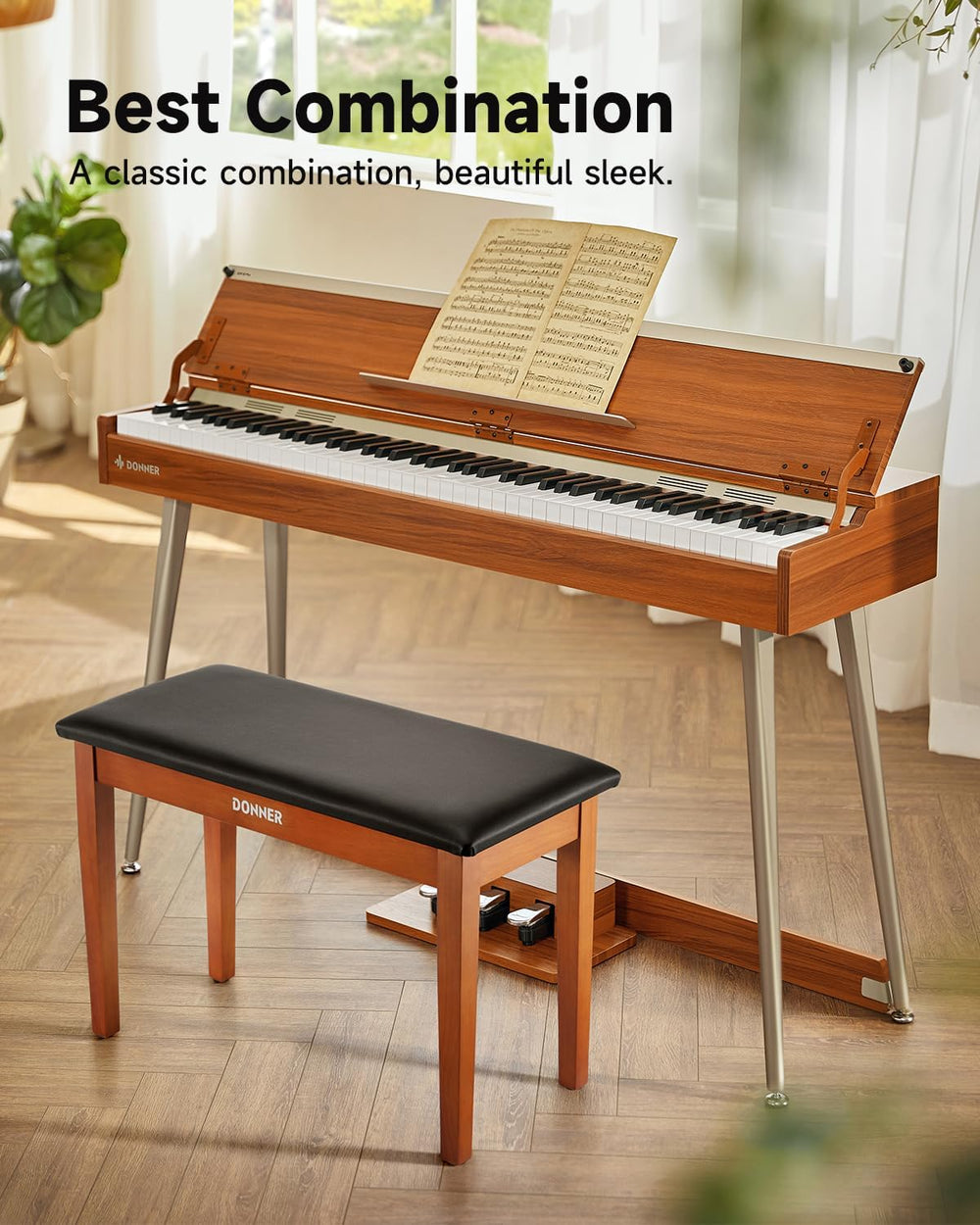 Donner Duet Piano Bench with Storage, Solid Wooden Keyboard Bench Piano Bookc...