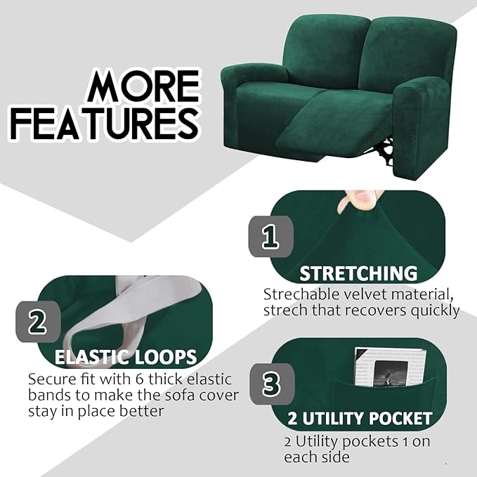 ULTICOR Reclining Love Seat Slipcover, 6-Piece Velvet Stretch Loveseat - Image 4