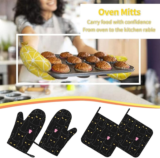 Fun Black Cat Oven Mitts and Pot Holders Set of 4 Silicone Heat Resistant Oven - Image 7