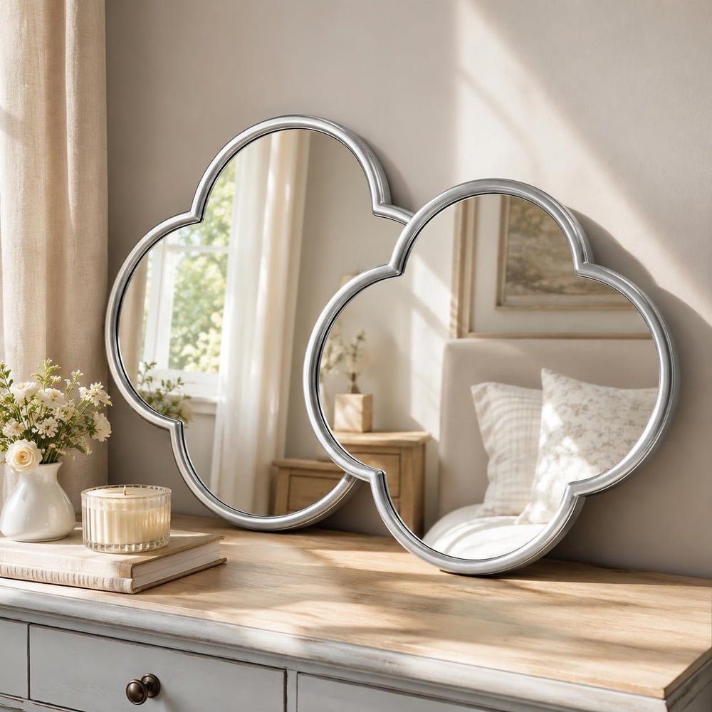 Glass Clover Mirror Set of 2, Non-Distortion Wall Decor Mirrors with Metal Ed...
