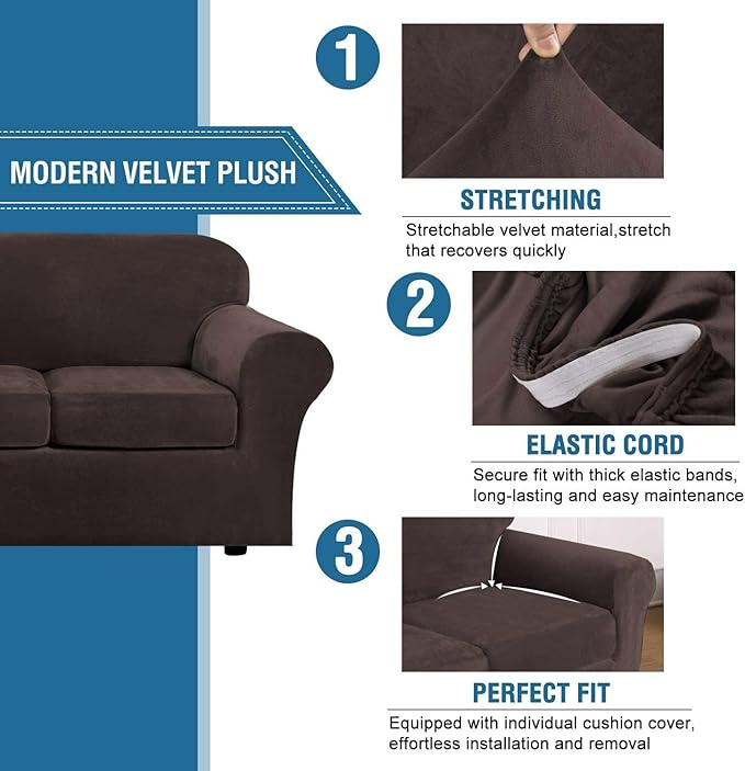 H.VERSAILTEX Modern Velvet Plush 4 Piece High Stretch Sofa Slipcover Cover Form - Image 3
