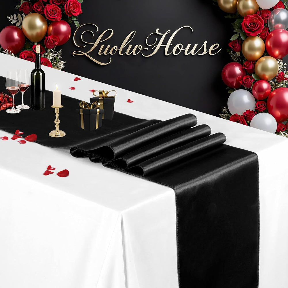 24 Pack Black Table Runners 12 x 108 Inches Long Smooth Satin Silk Black Hall...