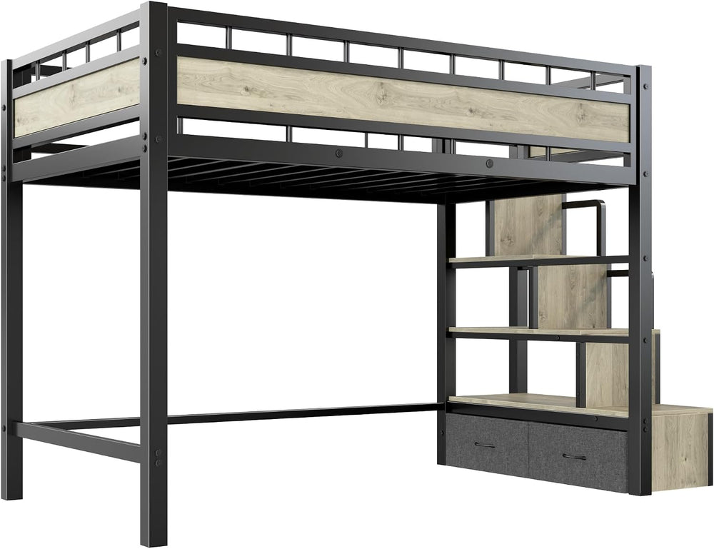 Twin Loft Bed with Stairs, Heavy Duty Metal with Storage, Black