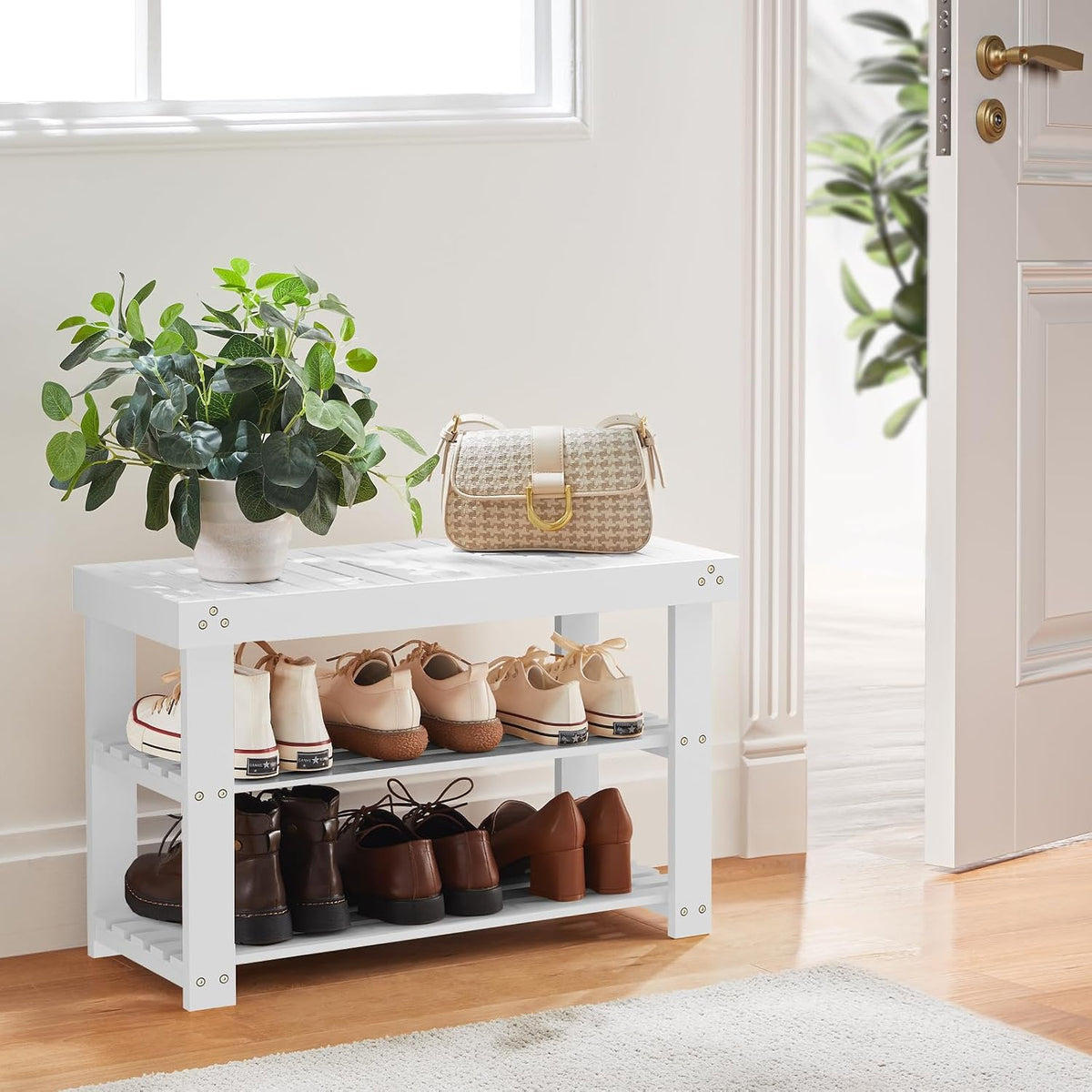 Pipishell 3 Tier Bamboo Shoe Rack Bench for Entryway, White