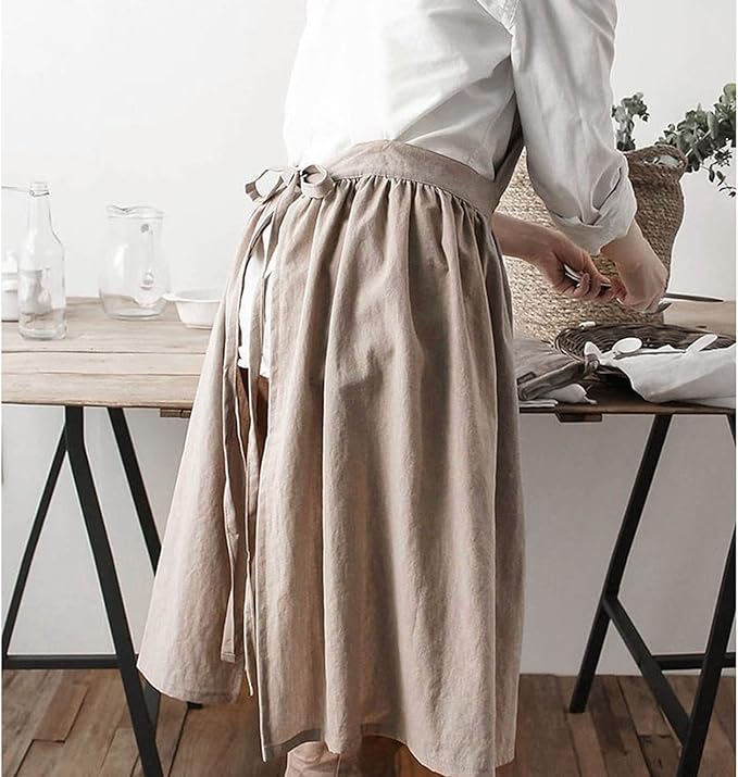 Cotton Linen Half Apron for Women Vintage Waist Apron Ruffle Plain Bright Color - Image 4
