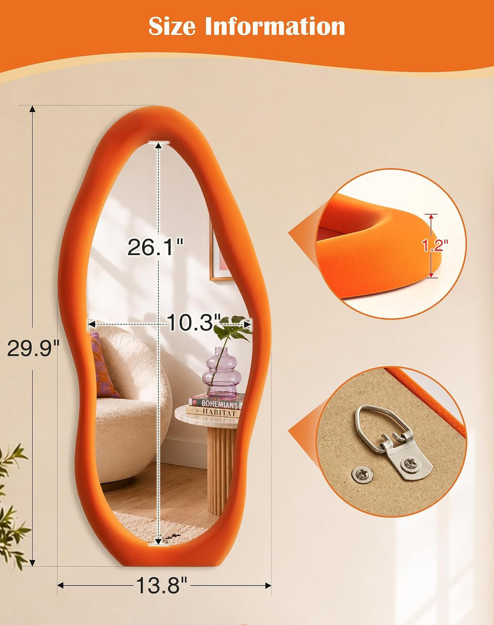 Wavy Decorative Wall-Mounted Mirror for Bathroom Decor,30x14,Orange