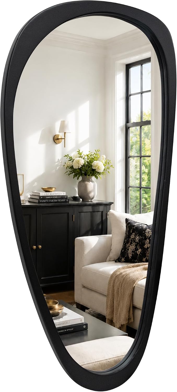 48x24 Inch Matte Black Large Irregular Solid Wood Wall Mirror