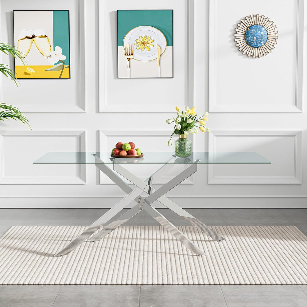 7 Piece Modern Dining Table Set of 6, 61" Tempered Glass Rectangle Dinin...