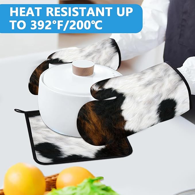 Brown Cowhide Oven Mitts and Pot Holders Sets Heat Resistant 4Pcs Potholders - Image 5