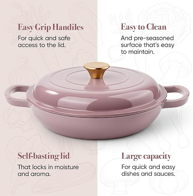 3 Quart Enameled Cast Iron Braiser, Non Stick Enameled Cast Iron Skillet - Image 7