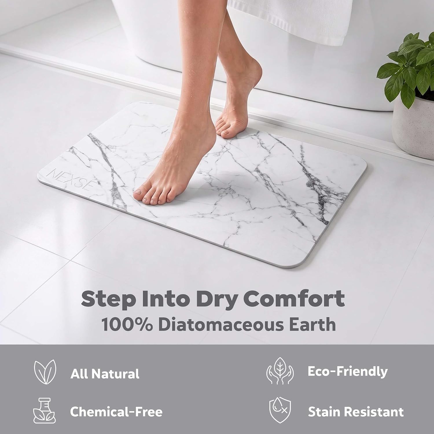 Extra Large Stone Bath Mat for Bathroom Floor (32" x 20") | Non Slip Super Absorbent Quick Dry Diatomaceous Earth Bath Mat | XL Diatomite Stone Bath Shower Mat | White