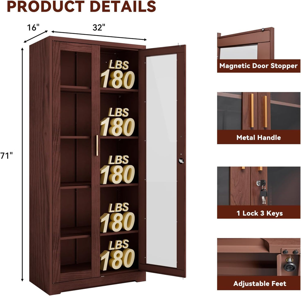 Display Cabinet with Glass Doors,71" Metal Curio Cabinets with 4 Adjusta...