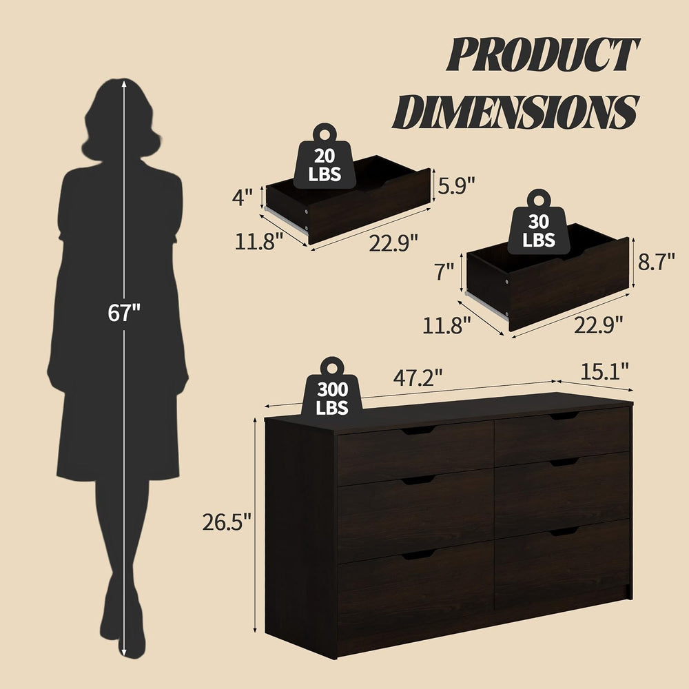 Furmax Dresser for Bedroom with 6 Drawers, 47.2" Modern Dressers, Brown
