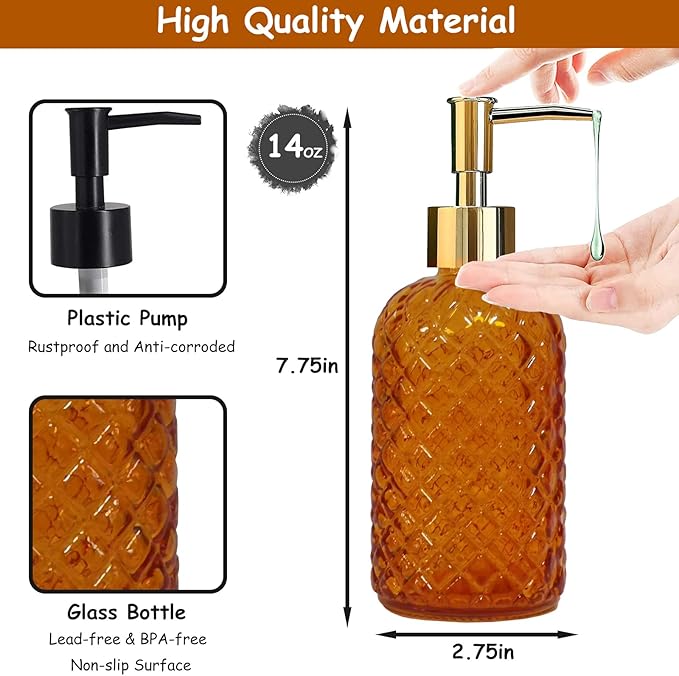 Orange Glass Soap Dispenser, 13.5oz Bathroom Hand Dispenser, Lotion Dispenser - Image 2