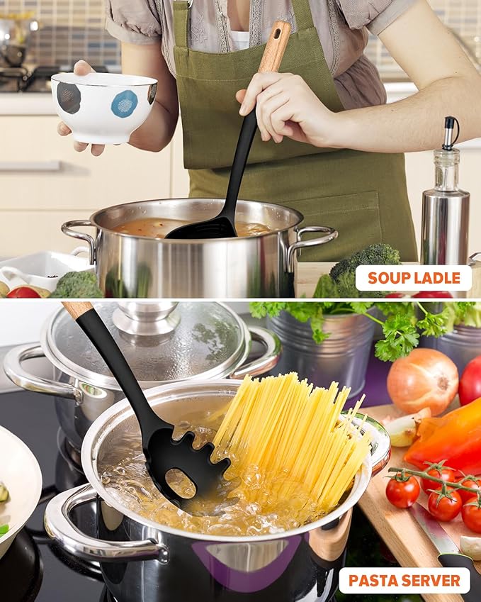 Pasta Fork and Ladle Set, and Sauce Pasta, BPA-Free Matte Silicone, Wood Handle - Image 3