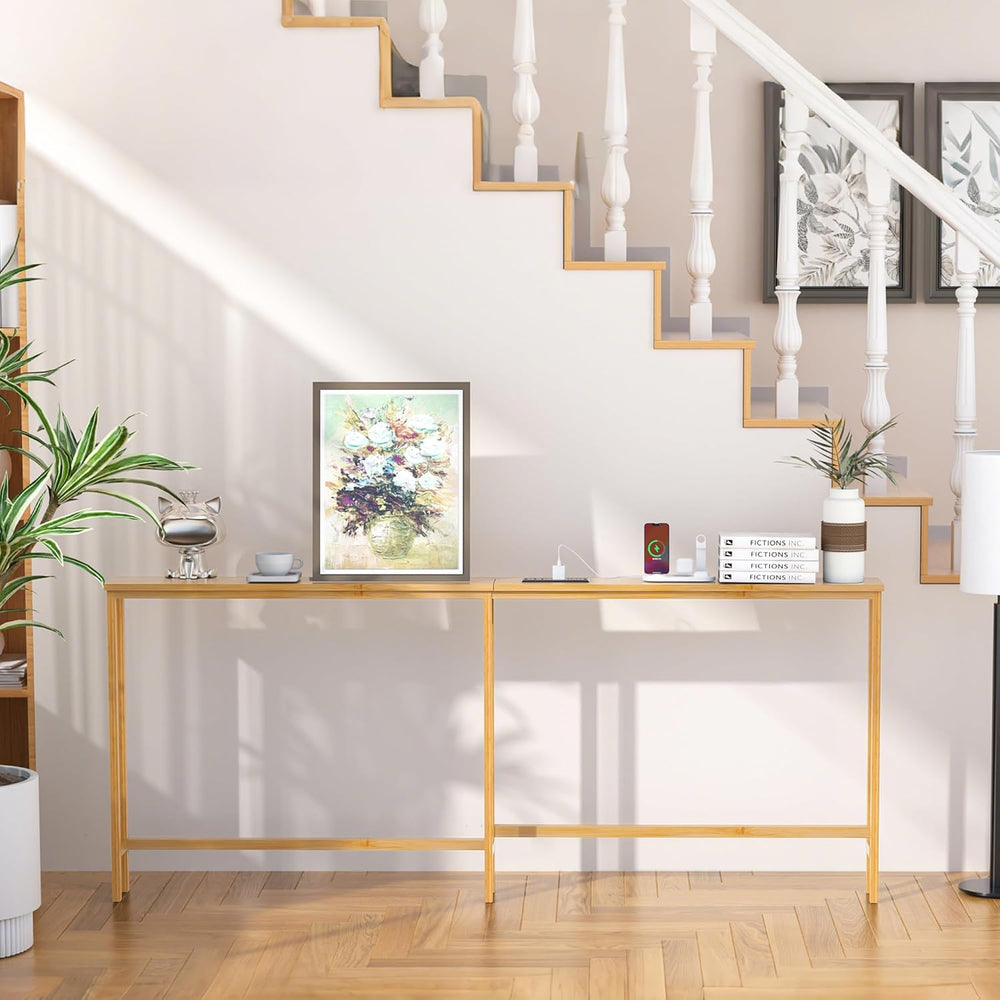 VASMIA 70.9 Inch Narrow Console Table with Outlet,Bamboo Behind Couch Sofa Ta...