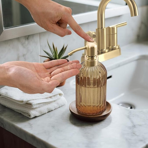 16 OZ Amber Glass Soap Dispenser, Amber Stripe Bathroom Hand Soap Dispensers - Image 2