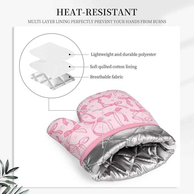 Pink Cute Ribbon Bow Silicone Oven Mitts Pan Mats Set of 2, Heat Resistant - Image 4