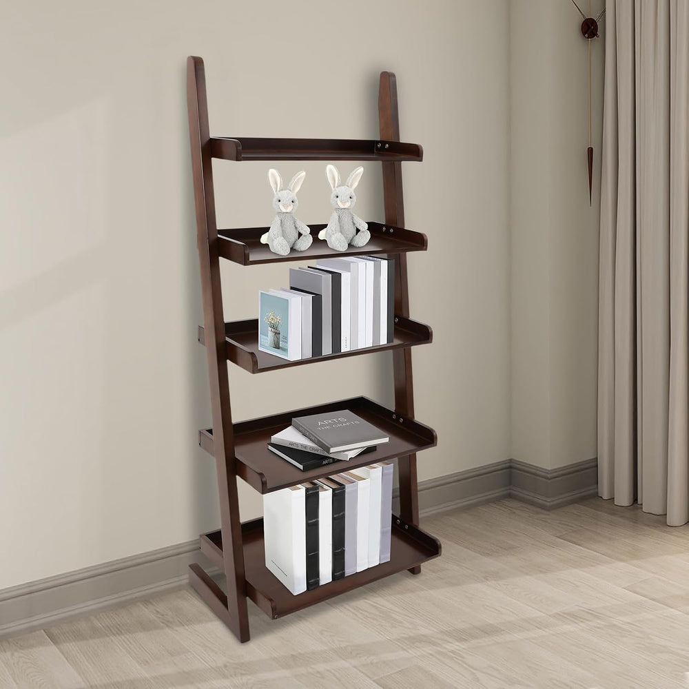 5-Tier Ladder Shelf, Minimalism Wood Ladder Bookshelf L-Shaped Leaning Storag...