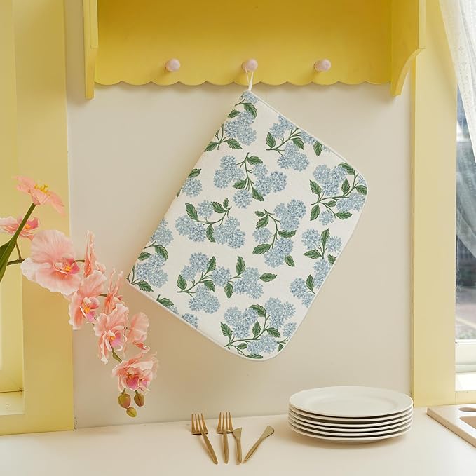 Blue Sage Green Floral Dish Drying Mat 18 x 24 Inch Spring Hydrangea Floral - Image 3