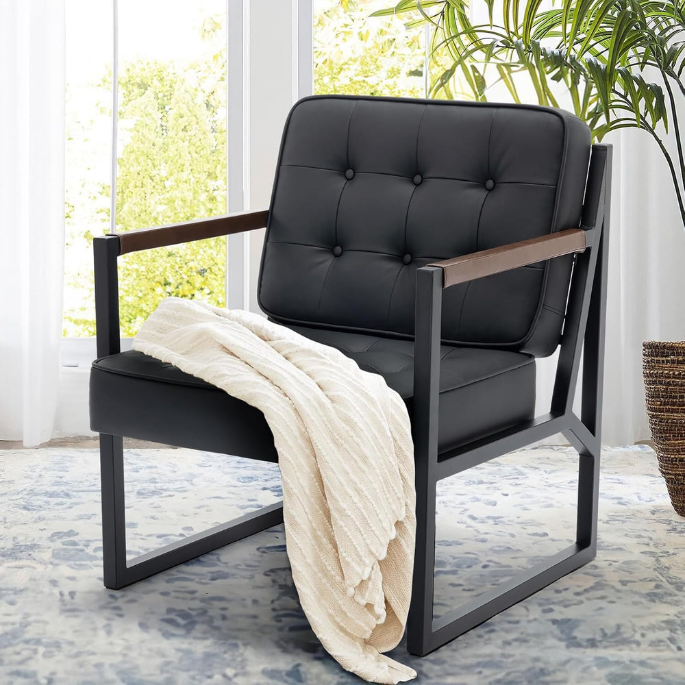 COLAMY Black Leather Accent Chair, Accent Arm Chair for Living Room, Comfy Ar...