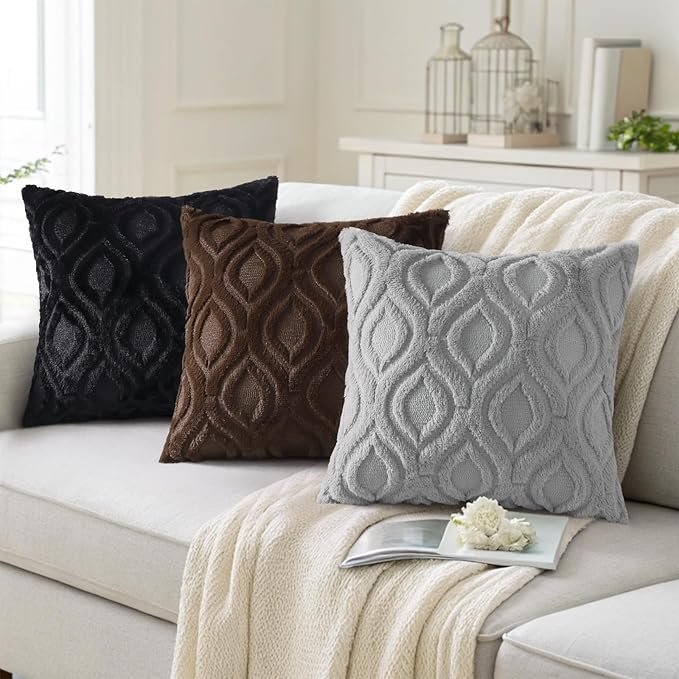 decorUhome Throw Pillow Covers 24x24 Inch Set of 2, Soft Plush Faux Wool Grey - Image 4