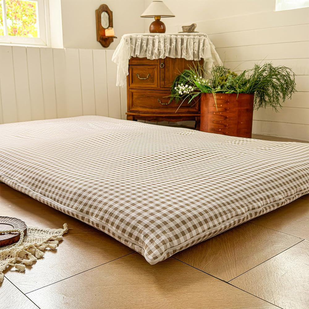 Tan Gingham Queen Japanese Floor Mattress Futon Cover for 3-4" Thick Pad