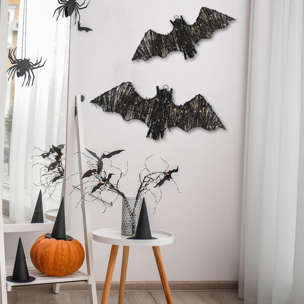 Glooglitter 2 Pcs Halloween Rattan Bats 3D Lit Woven Bat with Timer Remote
