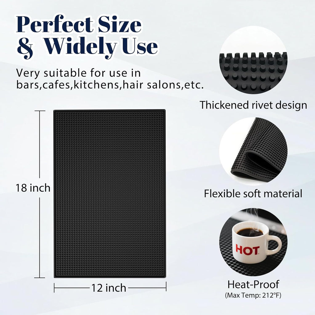 4 Pack Rubber Bar Mats for Countertop 18x12 Inch Black Silicone Bar Coffee Mat for Bartending Dish Drying Matt Home Bars Counter Cocktail Non Spill Mat for Bartender Bar Service Table Top Accessories