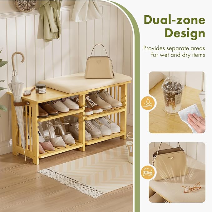 Amazer Bamboo Shoe Rack Bench, 3-Tier Shoe Bench Height Adjustable, Entry Ben...