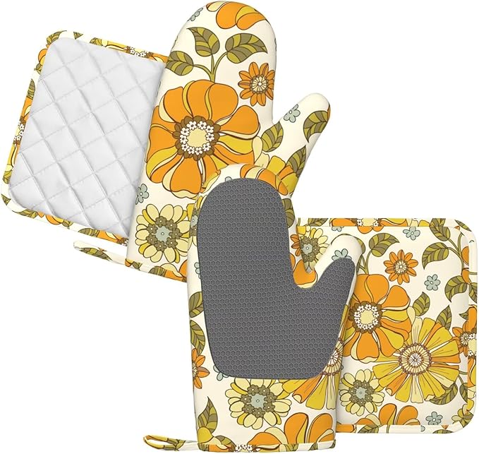 Retro 70s Style Flower Oven Mitts and Pot Holders Sets Silicone Kitchen Mitts - Image 2