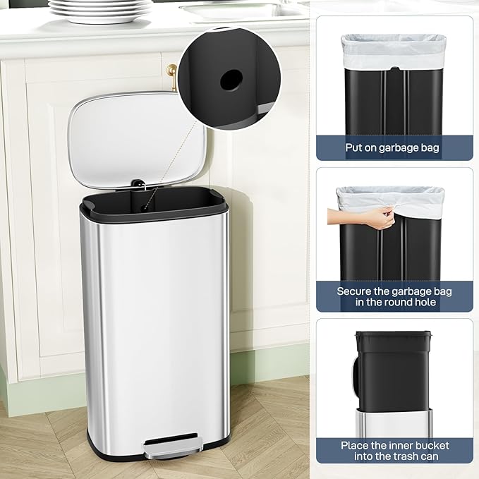 Arlopu 8 Gallon Step Trash Can, Stainless Steel Garbage Bin, Soft-Close Rubbish - Image 7