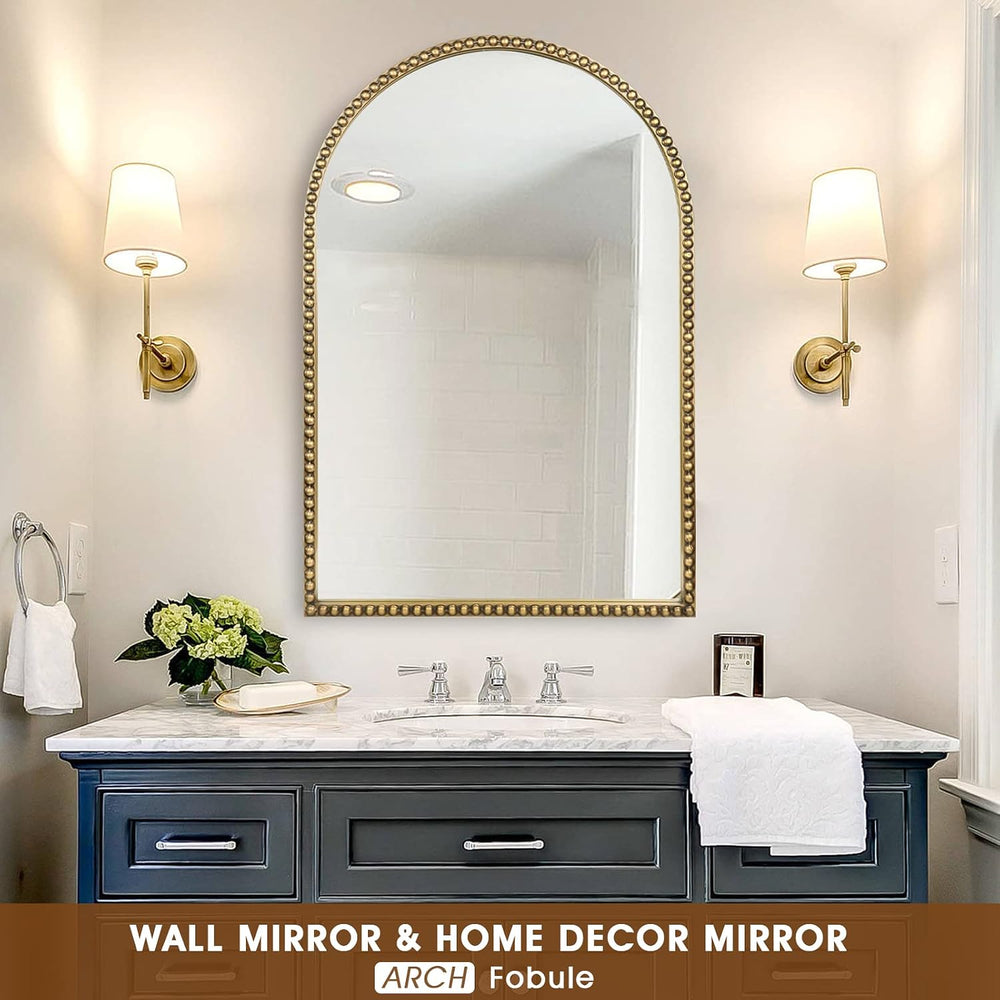 Arched Wall Mirror for Bathroom, 20"x30" Metal Beaded Frame Decorat...