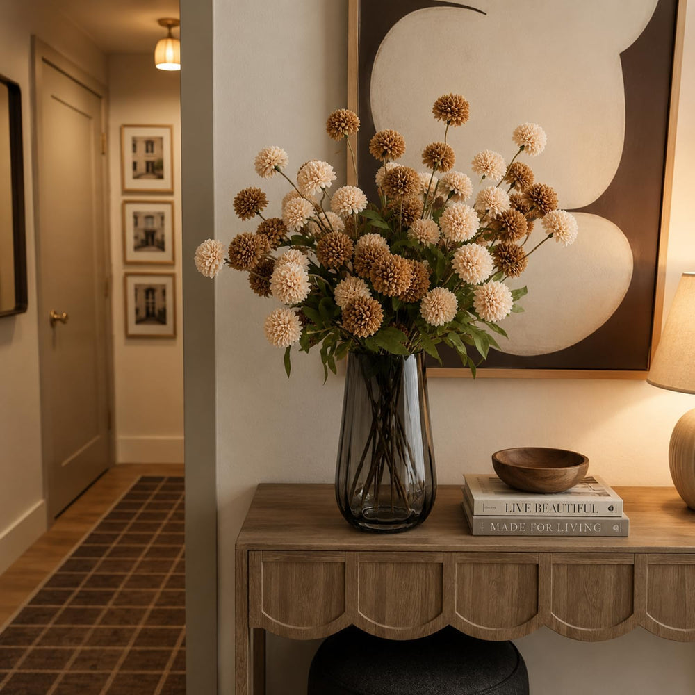 Brown Neutral Fall Decor with Vase, Artificial Chrysanthemums for Indoors