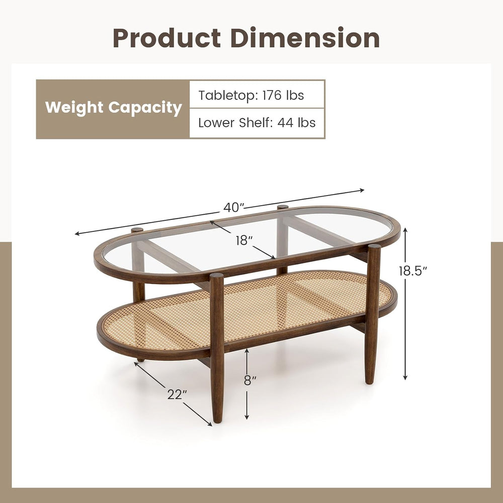 Tangkula Rattan Coffee Table, 40”L Boho Oval Acacia Wood Cocktail Table with ...