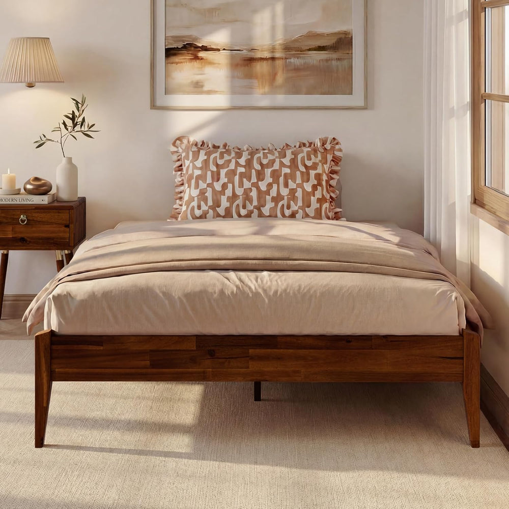 Bme Dinkee 15" Wood Full Bedframe, No Headboard, Japanese, Dark Chocolate
