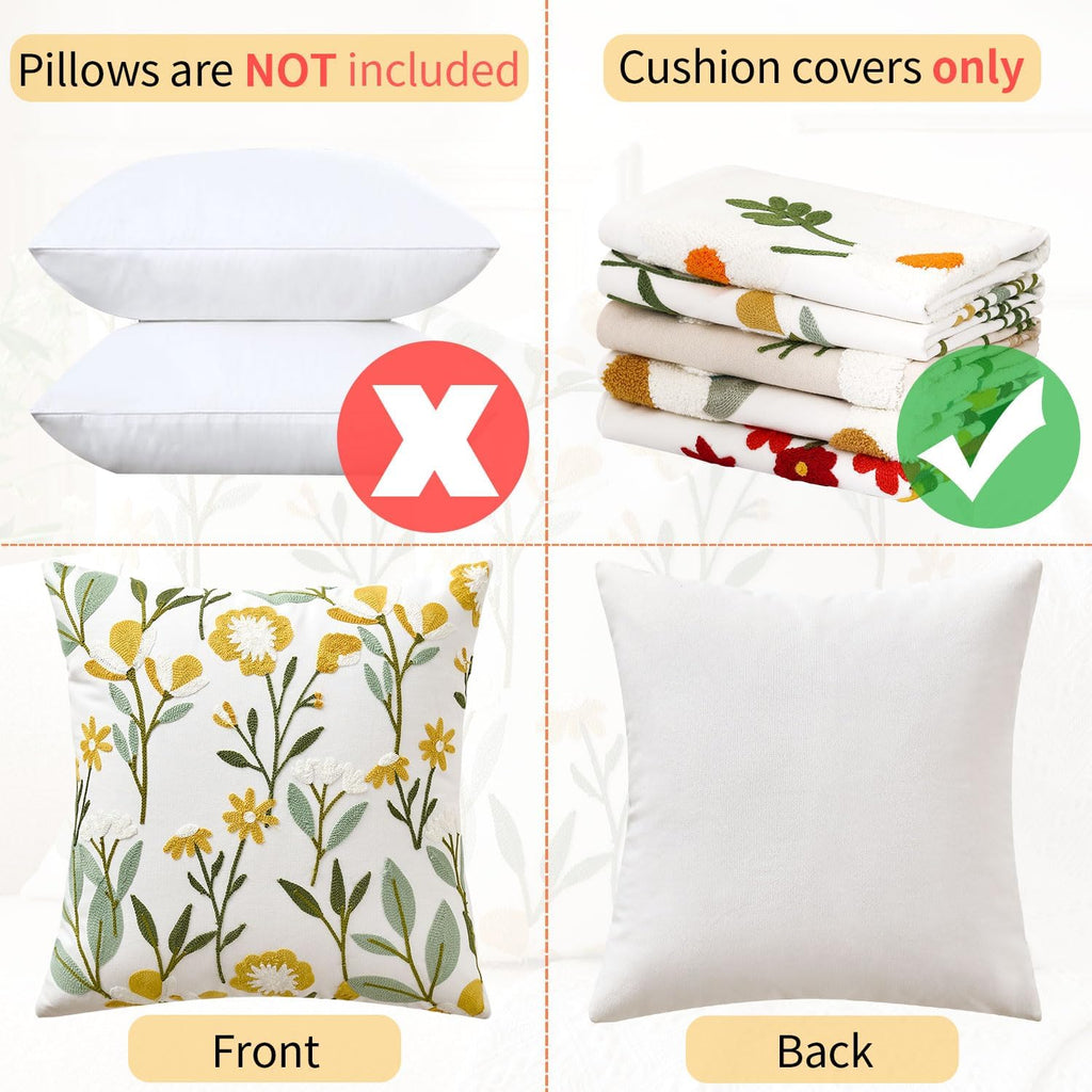 Embroidered Floral Throw Pillow Covers Summer Decorative Couch Pillow Covers Farmhouse Green Floral Tufted Pillow Covers 20x20 Square Cushion Cases Set of 2 for Living Room Couch Sofa Bed Home Decor