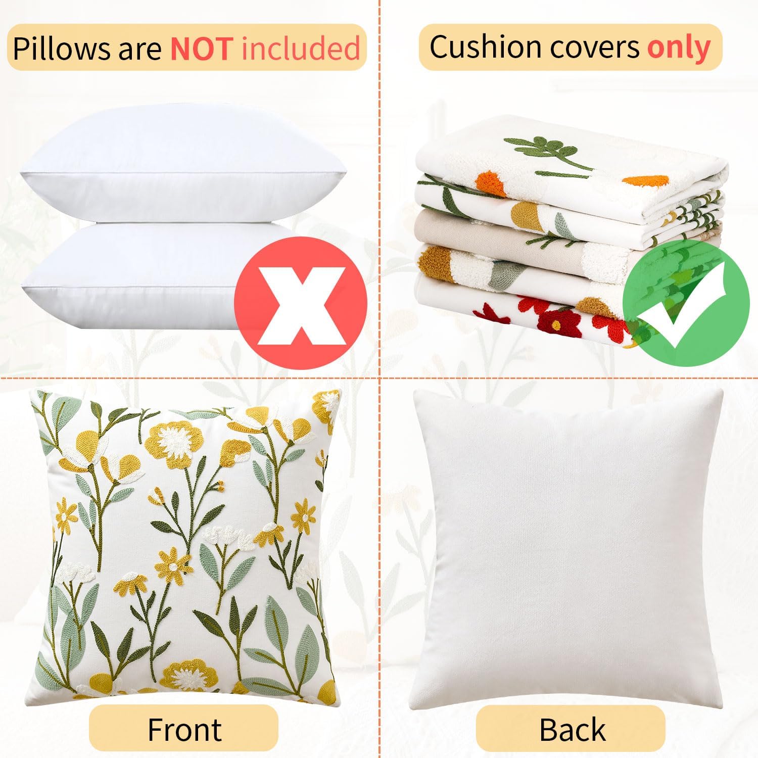 Embroidered Floral Throw Pillow Covers Summer Decorative Couch Pillow Covers Farmhouse Green Floral Tufted Pillow Covers 20x20 Square Cushion Cases Set of 2 for Living Room Couch Sofa Bed Home Decor