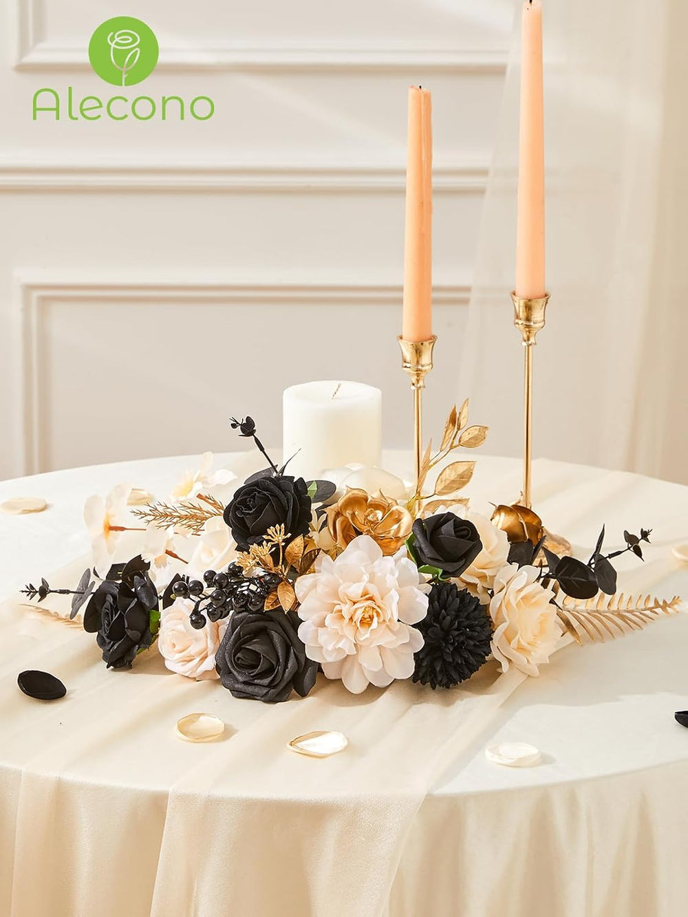 Alecono Silk Artificial Flowers, Black Champagne DIY Wedding Bouquet Set