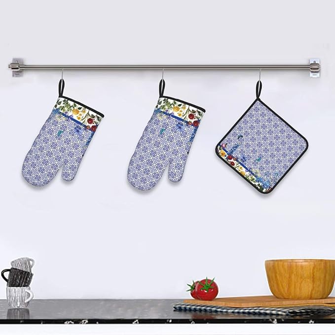 Blue Chinoiserie Oven Mitts Heat Resistant, Cute Floral Pot Holders and Kitchen - Image 6