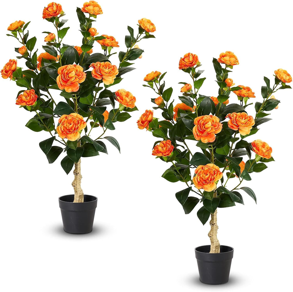 Grelen 2 Pack Artificial Flowers Camellia,Fake Plants for Outdoors,3FT